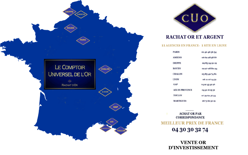 La carte de France des agences d'achat or et argent du Comptoir Universel de l'Or